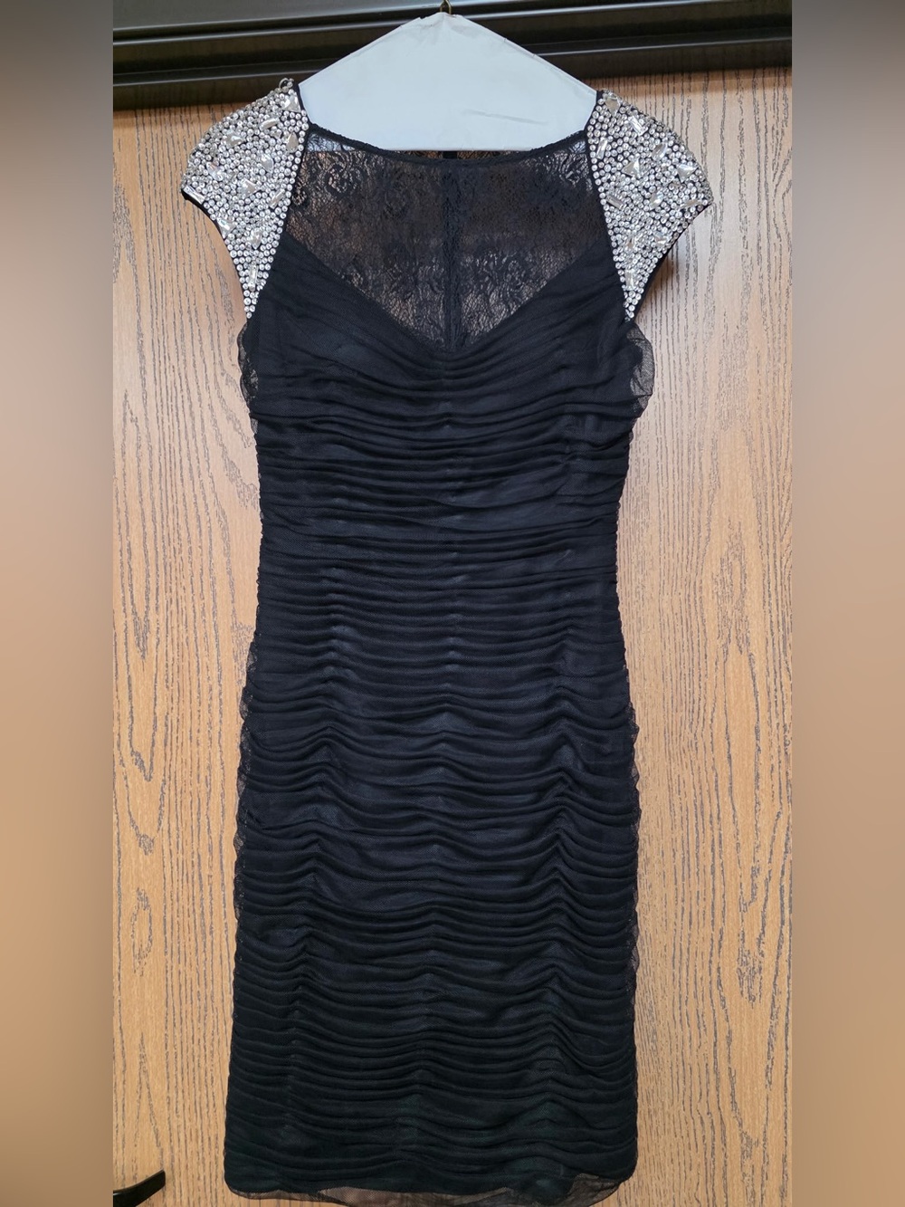 Jovani Black Ruched Lace Midi Dress with Crystal-Embellished Shoulders